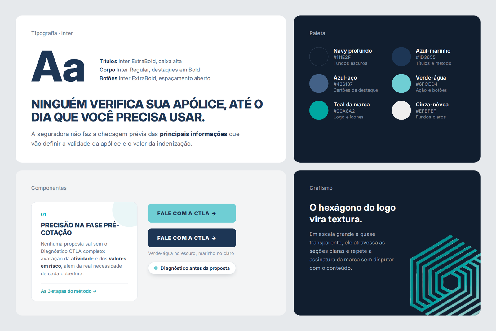 Estudo visual da CTLA com tipografia Inter, paleta em azul-marinho e verde-água, componentes e o hexágono do logo