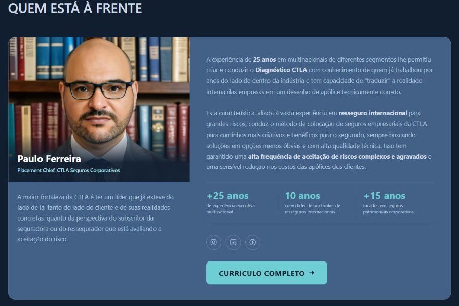 Seção Quem está à frente do site da CTLA, com a foto e a trajetória de Paulo Ferreira