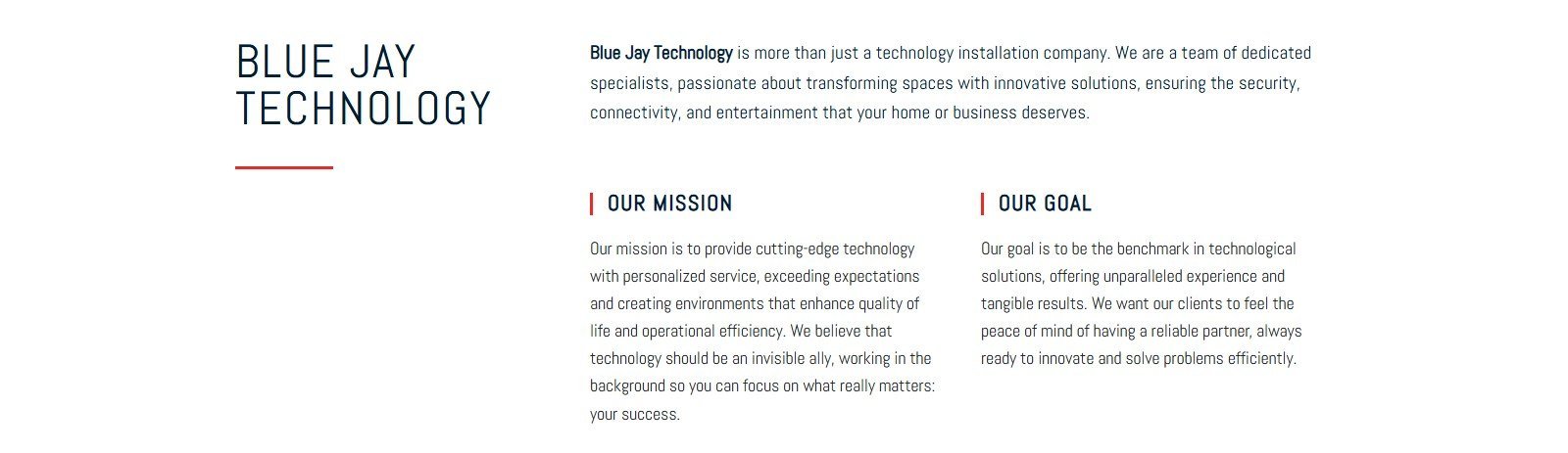 Página About Us com a apresentação da Blue Jay Technology, missão e objetivo