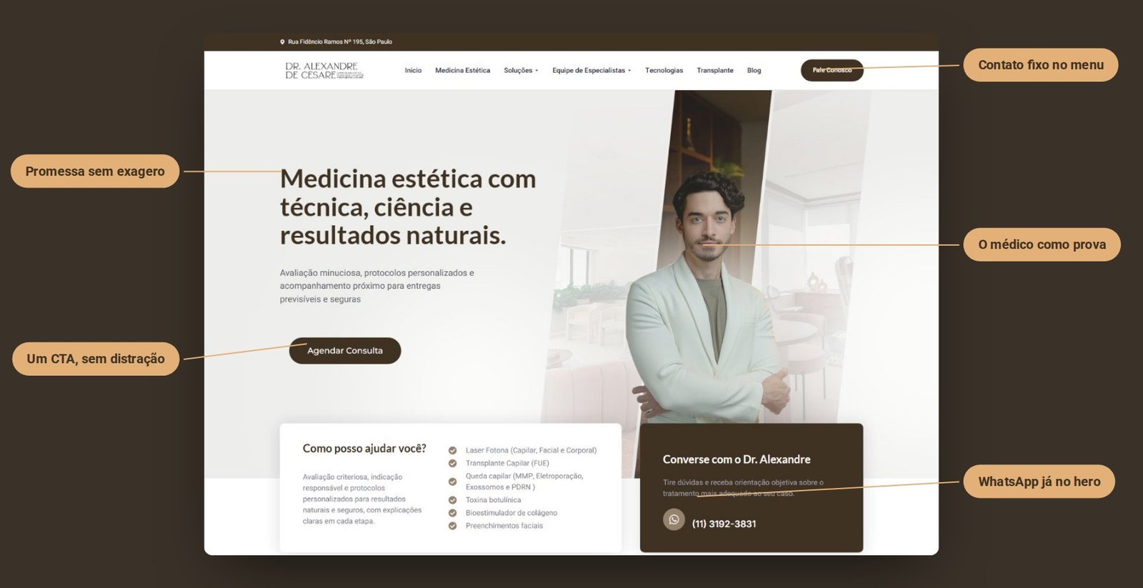 Hero do site do Dr. Alexandre de Cesare com anotações sobre promessa, foto do médico, chamada para ação e WhatsApp