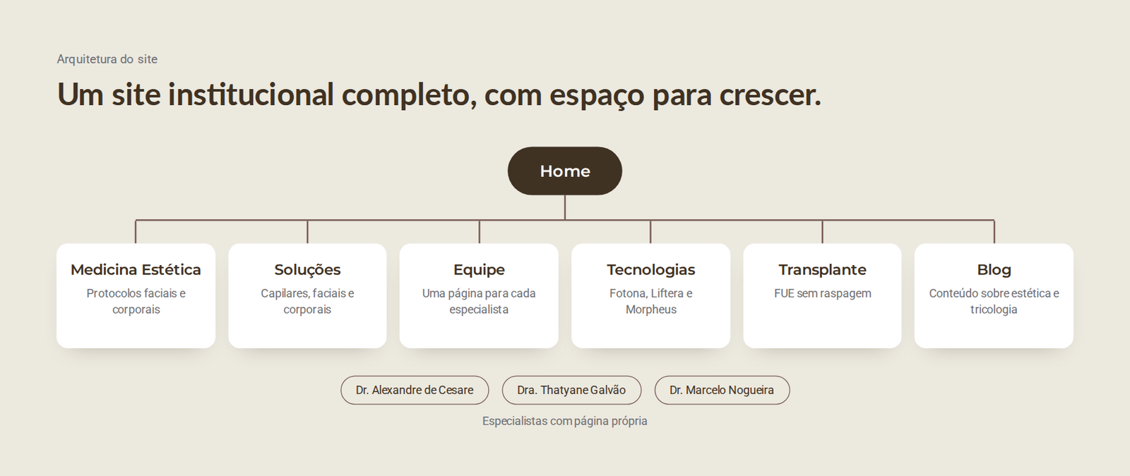 Arquitetura do site: Home, Medicina Estética, Soluções, Equipe, Tecnologias, Transplante e Blog