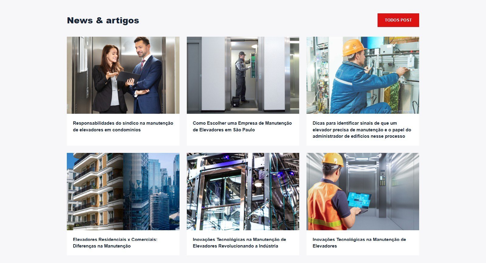 Seção News e artigos com seis artigos sobre manutenção de elevadores