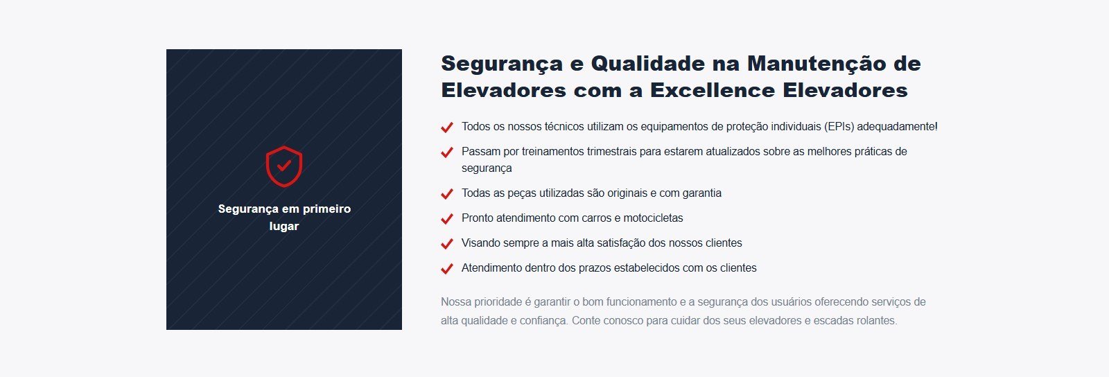Seção Segurança e Qualidade na Manutenção de Elevadores com lista de compromissos