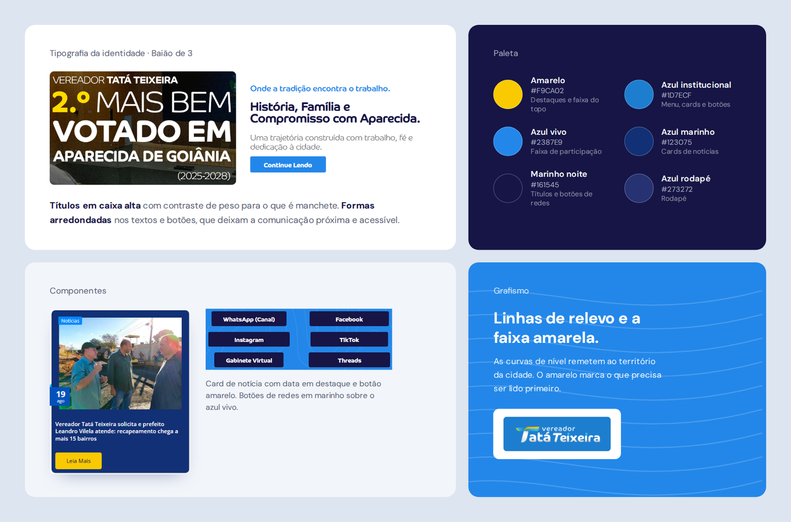 Estudo visual do site: tipografia da identidade, paleta em azul e amarelo, componentes e grafismo de linhas de relevo